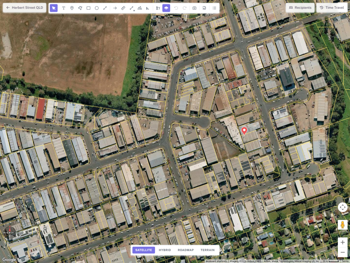 Cadastre property boundary lines overlaid on a Queensland satellite map